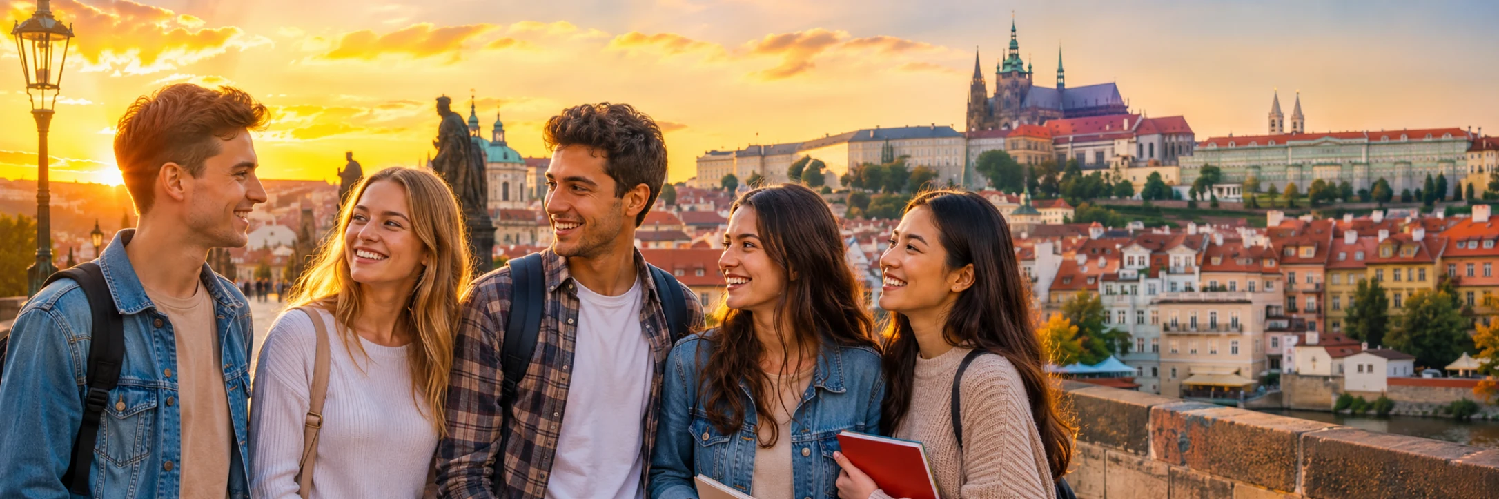 Students in Czechia with Prague in the background