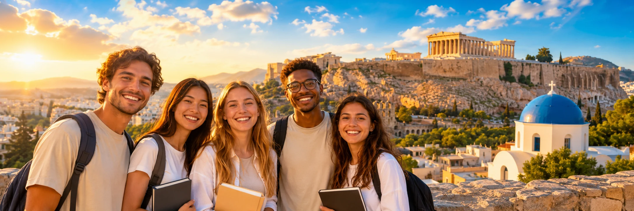Students in Greece with Athens and the Acropolis in the background